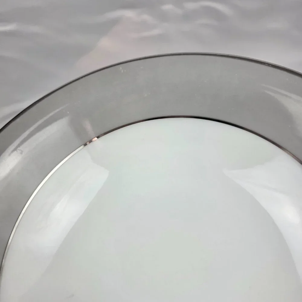 Sango Plantina Round Serving Bowl 9 Inch White with Gray Band & Platinum Trim